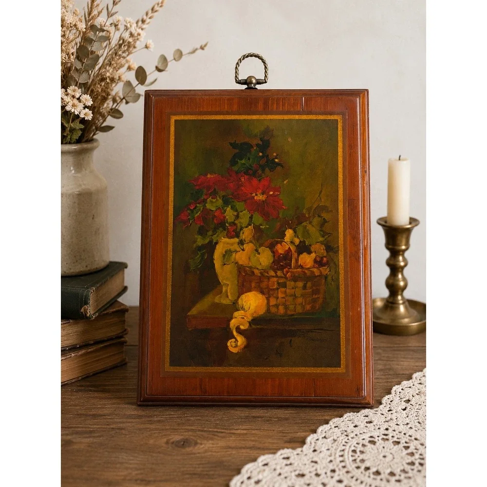 Vintage R Sanderson Still Life Poinsettia Fruit Wood Decoupage Wall Plaque